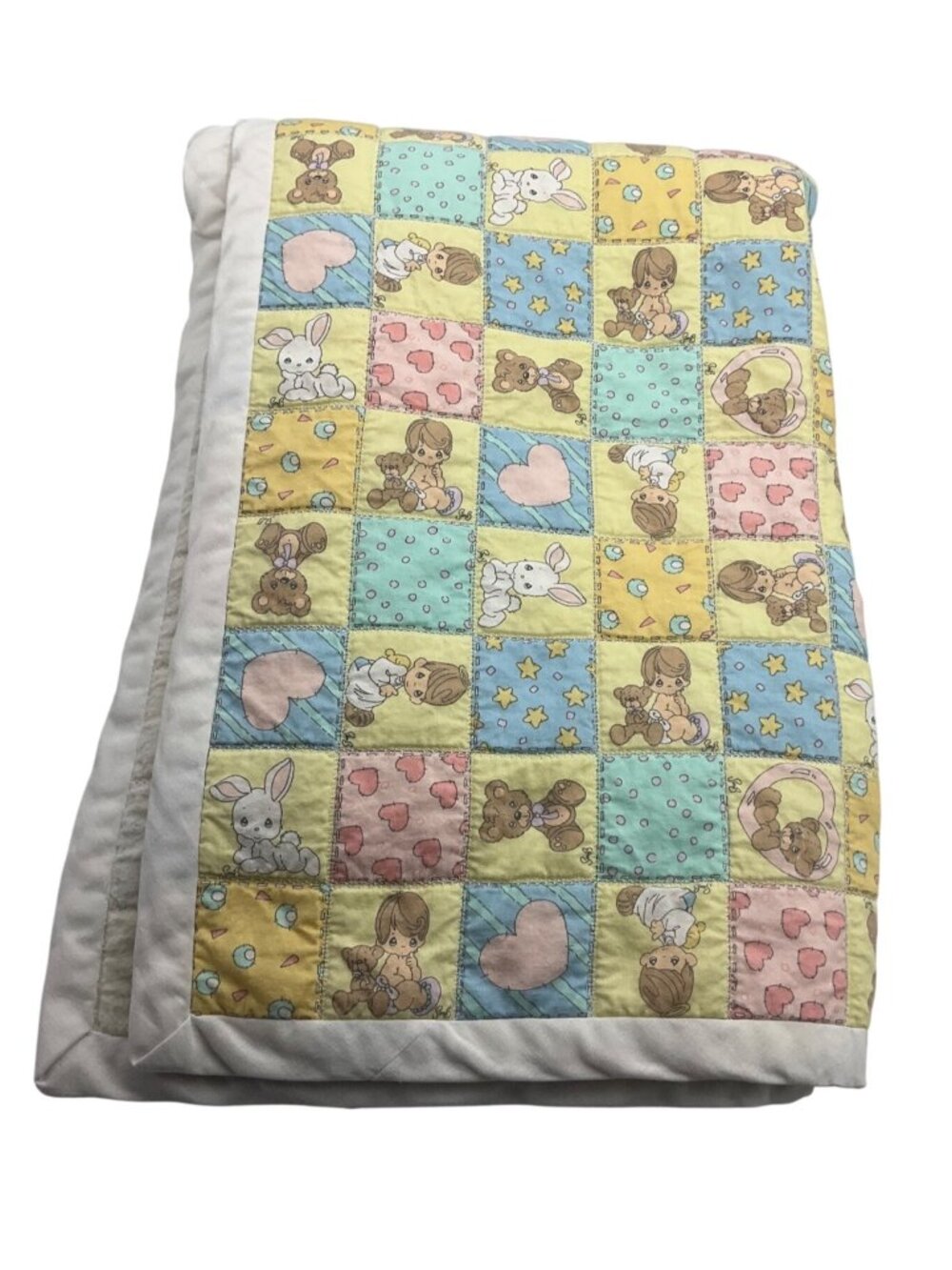 VTG Handmade Pastel Baby Quilt Blanket Patchwork Precious Moments Crib Blanket*R
